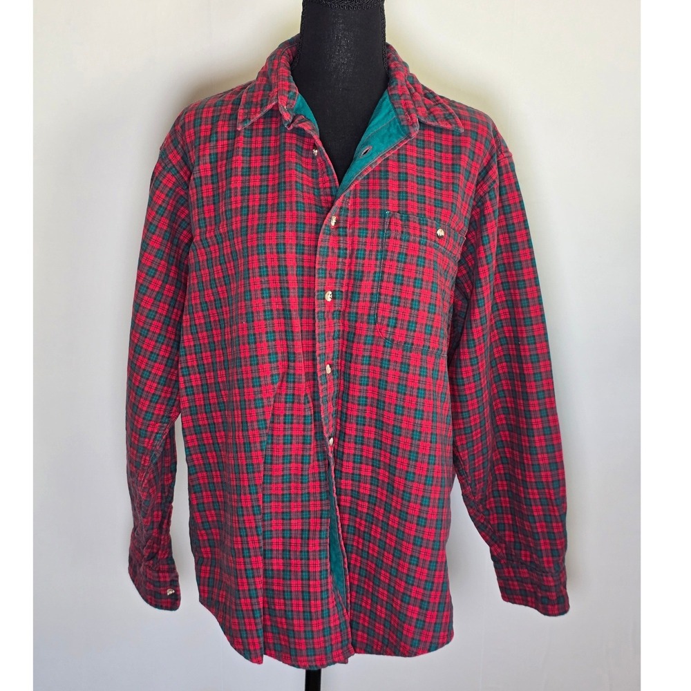 L.L.Bean Women Flannel Shirt Large Red Green Plaid USA Made Vintage outdoorsy